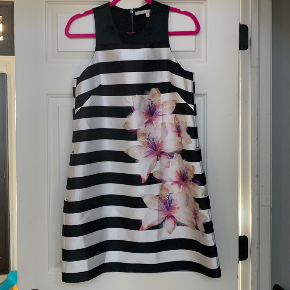 RACHEL Rachel Roy Black & White Striped Mini Dress with Pink Floral Accent